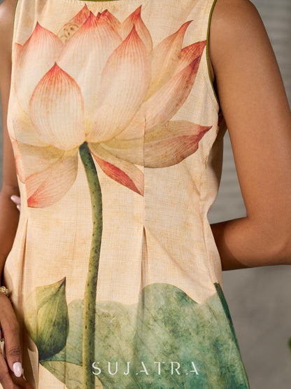 Statement Cream lotus motif dress with earthy olive accents.