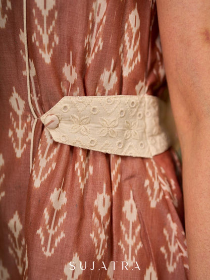 Chic champagne beige Ikat dress elevated with Hakoba accents, a relaxed drop-shoulder fit, mandarin neckline, and fluid side gathers detailed with Hakoba flaps.