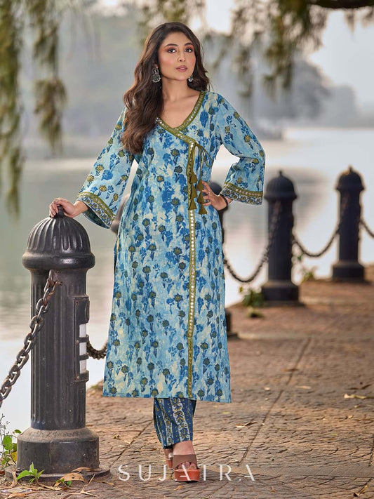 Angarkha-Style Indigo & Olive Kurta with Olive Mirror Detailing and Dori Tie-Up