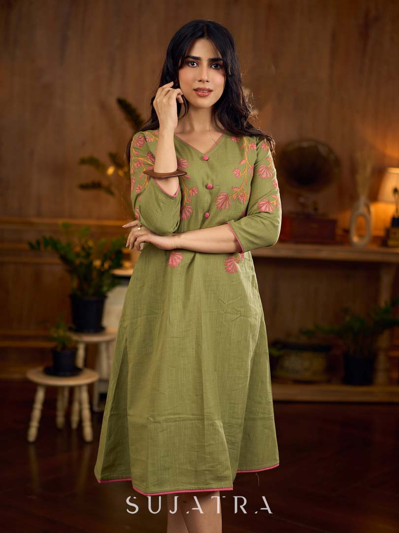 Muted pista hand block printed dress with delicate cascading hand block floral motifs and soft pink accents for a graceful, elegant, and refreshing everyday look.