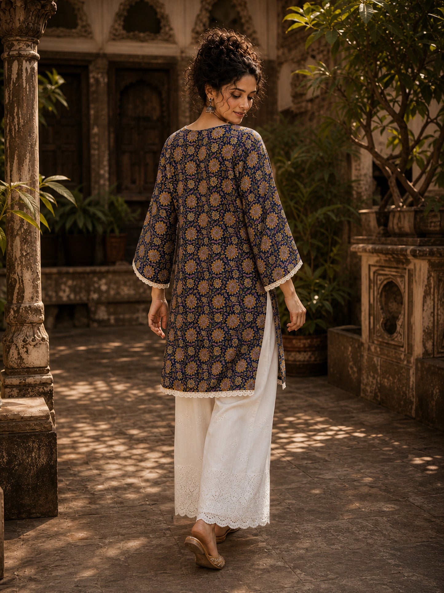 Navy Blue Floral Print Short Kurta with White Hakoba V-Neck Trim & Bell Sleeves