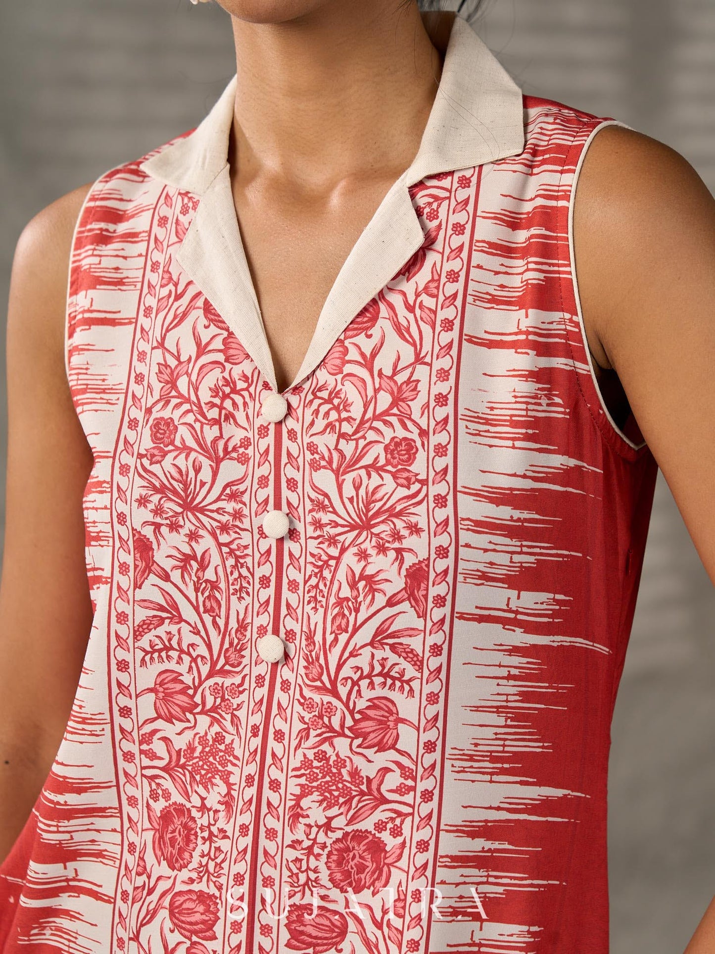 Brick Orange shirt dress with timeless traditional prints, off white notch collar and off white accents