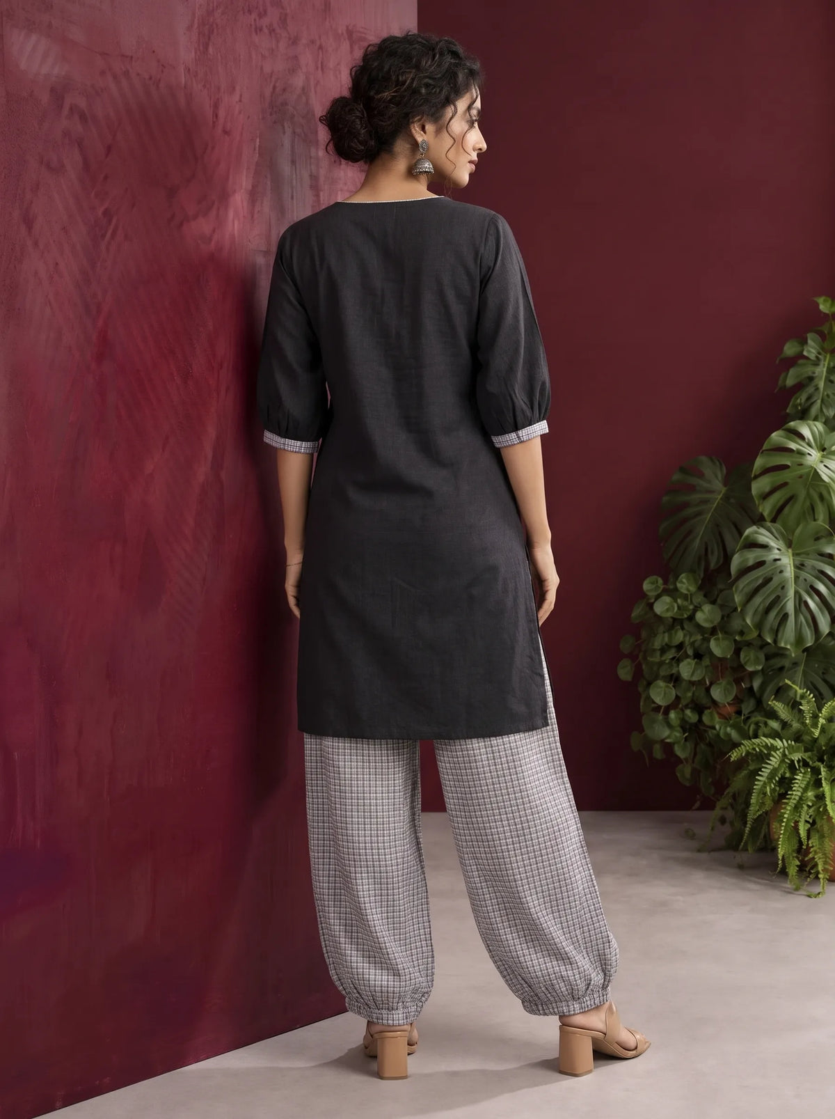 Classic Black Cotton Tunic Co-ord Set with Checkered Cuffs and Button Detail V-Neck paired with Coordinated Checkere — view 4 — view 7