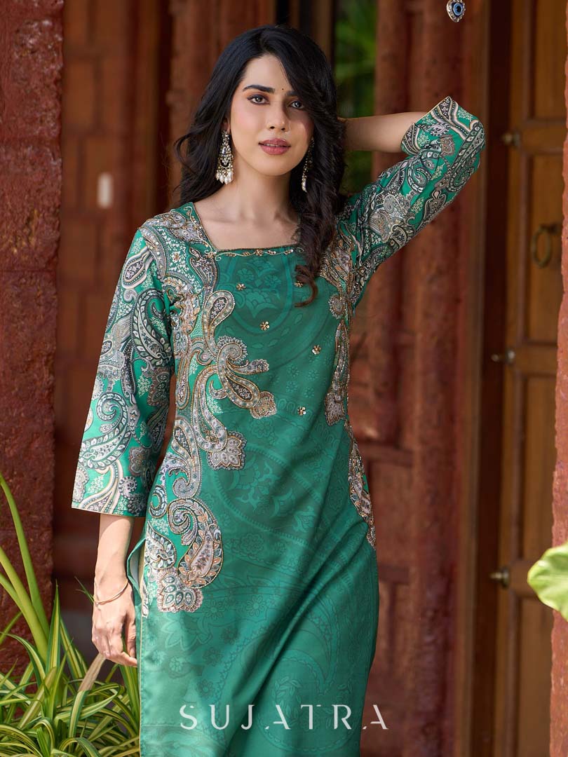 Statement green paisley kurta with detailed hand embroidery beautifully enhancing the print. - Pant Optional