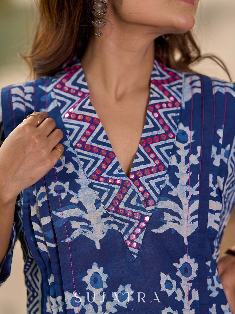 Indigo Floral Kurta with Playful Stripe Print and Magenta Hand Mirror Work on Overlapping Neckline