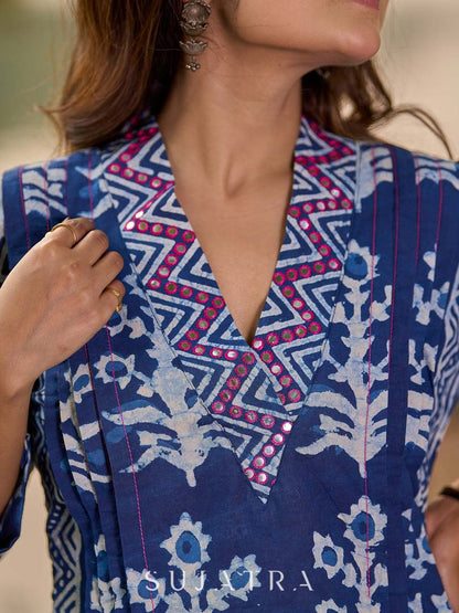 Indigo Floral Kurta with Playful Stripe Print and Magenta Hand Mirror Work on Overlapping Neckline