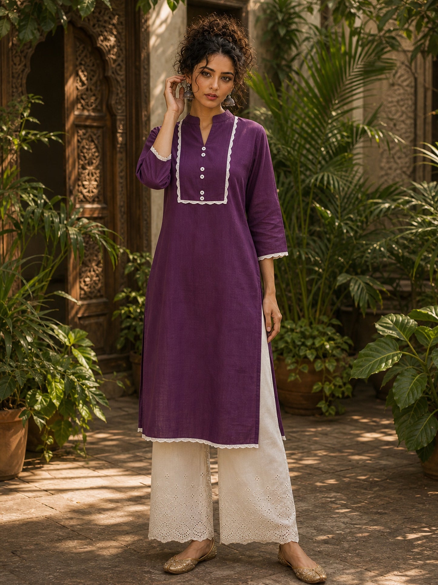 Deep Purple Kurta with White Crochet Lace Yoke Border & Sleeve Cuff Detail
