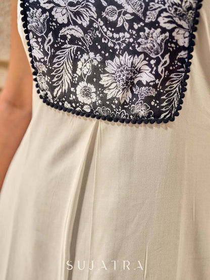 Elegant Off-White Rayon Sleeveless Kurta with Contrast Black Floral Embroidered Yoke Panel