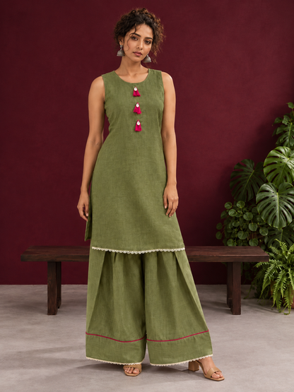 Sage Green Cotton Co-Ord Set with Pink Tassel Shell Buttons and Lace Trim Farshi Salwar — side view