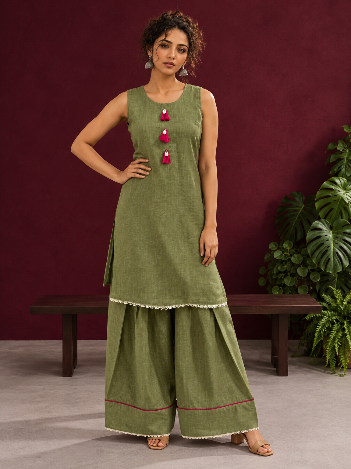 Sage Green Cotton Co-Ord Set with Pink Tassel Shell Buttons and Lace Trim Farshi Salwar — front view — view 2