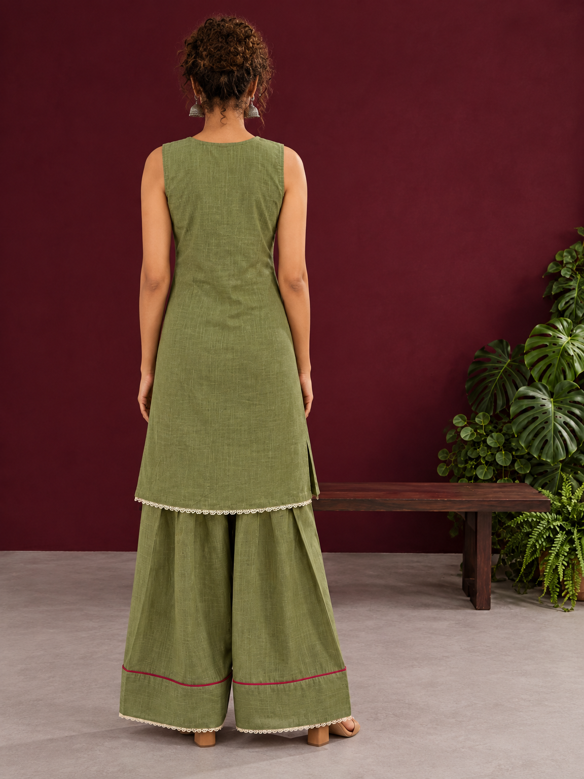 Sage Green Cotton Co-Ord Set with Pink Tassel Shell Buttons and Lace Trim Farshi Salwar — back view — view 7