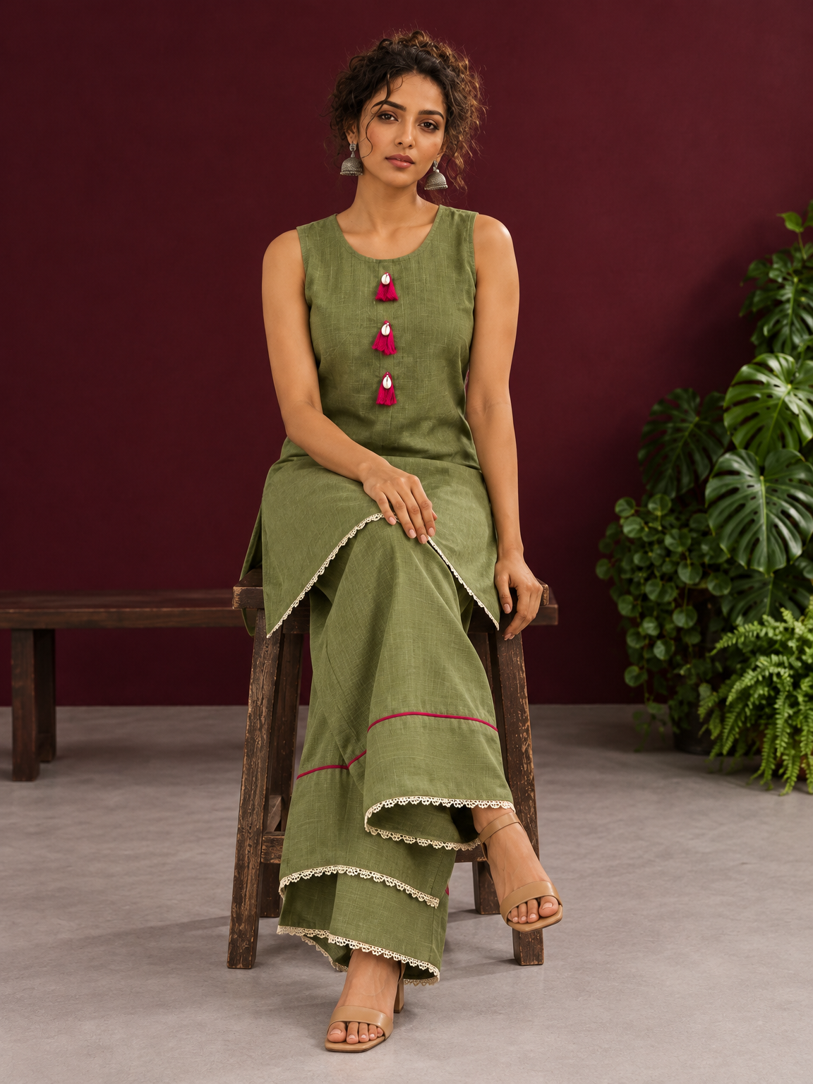 Sage  Green Cotton Co-Ord Set with Pink Tassel Shell Buttons and Lace Trim Farshi Salwar