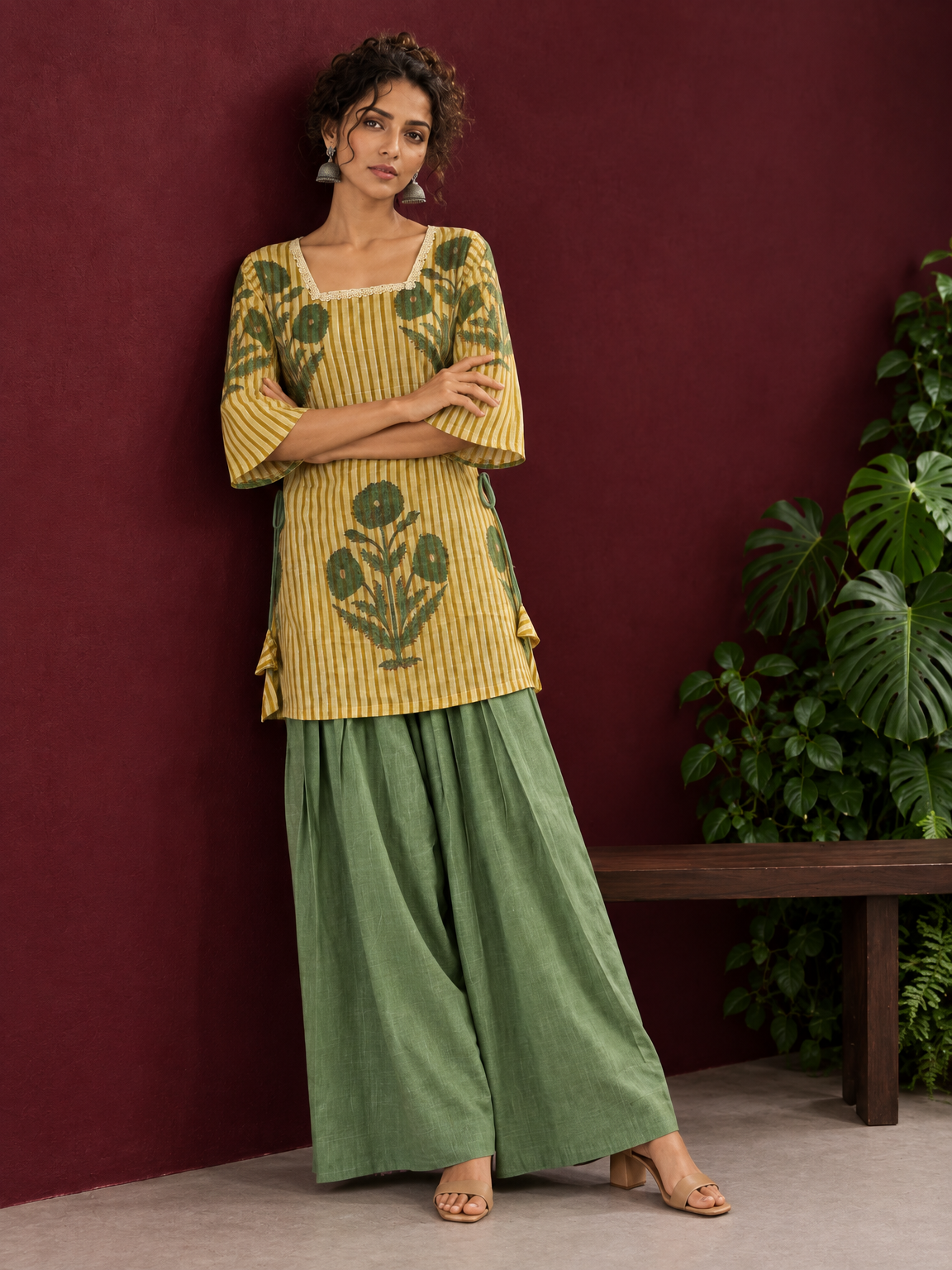 Mustard Yellow Striped Cotton Floral Printed Tunic Co-ord Set with Green Cotton Farshi Salwar — side view — view 4