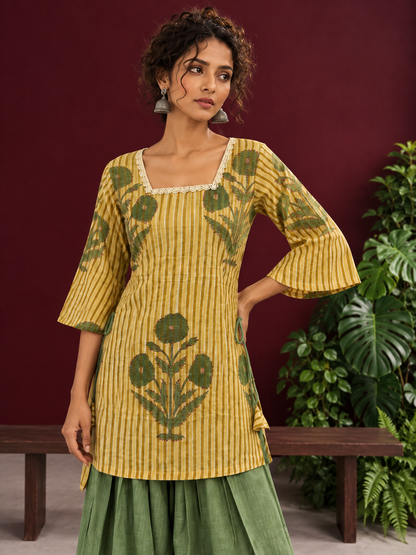 Mustard Yellow Striped Cotton Floral Printed Tunic Co-ord Set with Green Cotton Farshi Salwar — fabric detail