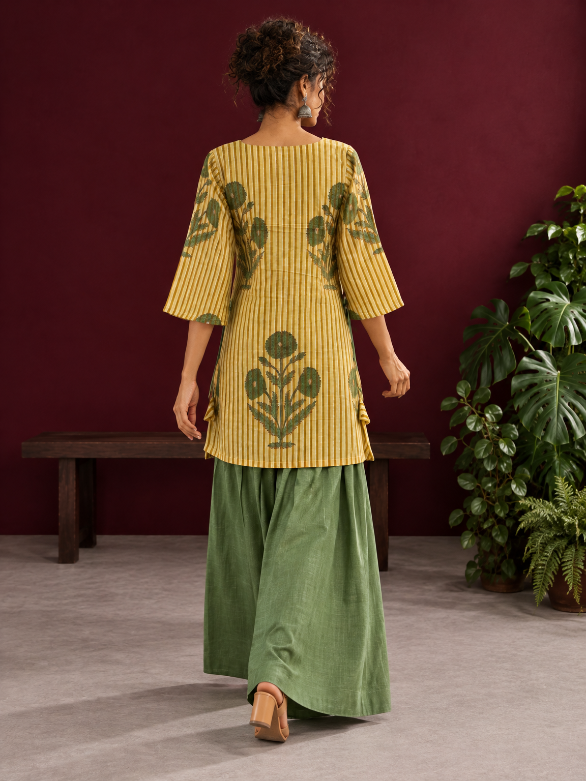 Mustard Yellow Striped Cotton Floral Printed Tunic Co-ord Set with Green Cotton Farshi Salwar — back view — view 8