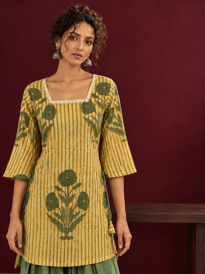 Mustard Yellow Striped Cotton Floral Printed Tunic Co-ord Set with Green Cotton Farshi Salwar — styled view