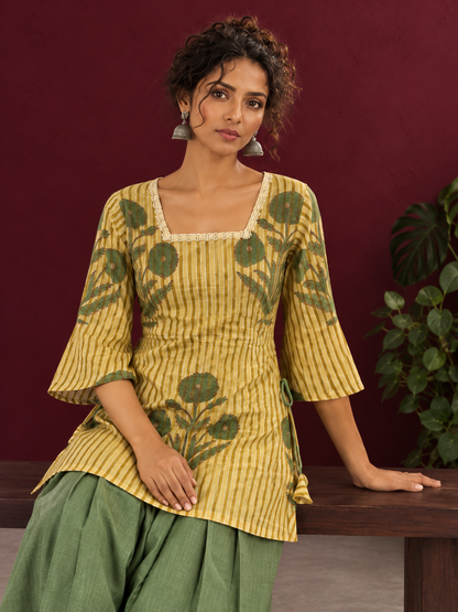 Mustard Yellow Striped Cotton Floral Printed Tunic Co-ord Set with Green Cotton Farshi Salwar — seated detail