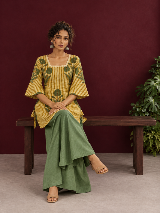 Mustard Yellow Striped Cotton Floral Printed Tunic Co-ord Set with Green Cotton Farshi Salwar — seated