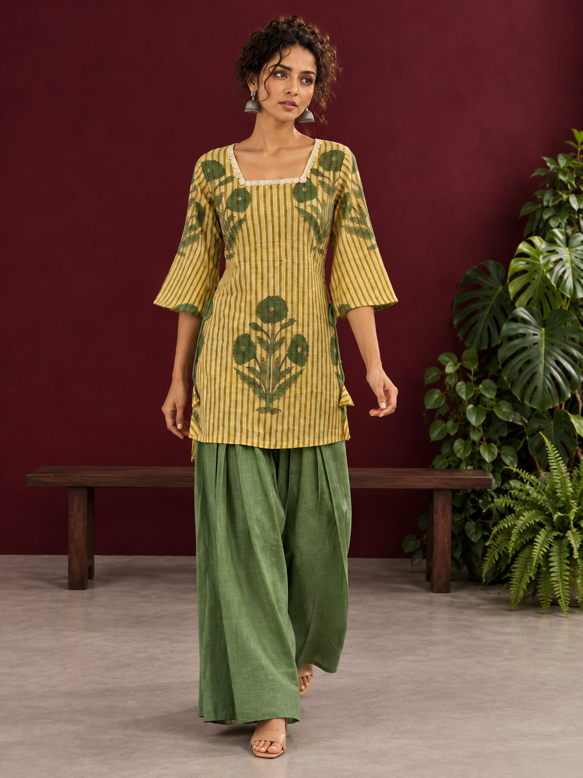 Mustard Yellow Striped Cotton Floral Printed Tunic Co-ord Set with Green Cotton Farshi Salwar — in motion — view 2