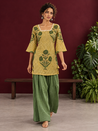 Mustard Yellow Striped Cotton Floral Printed Tunic Co-ord Set with Green Cotton Farshi Salwar — in motion