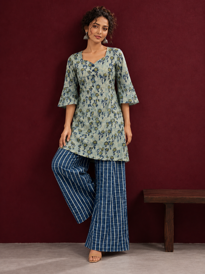 Indigo Cotton Co-Ord Set with Printed Floral Tunic & Indigo Striped Palazzo Pants — side view