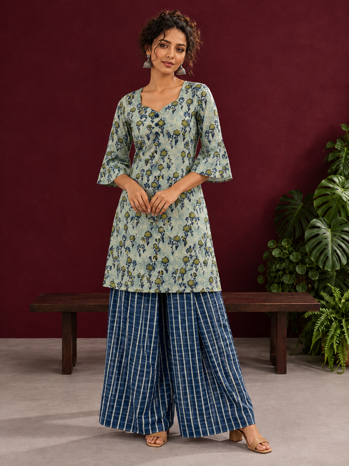 Indigo Cotton Co-Ord Set with Printed Floral Tunic & Indigo Striped Palazzo Pants