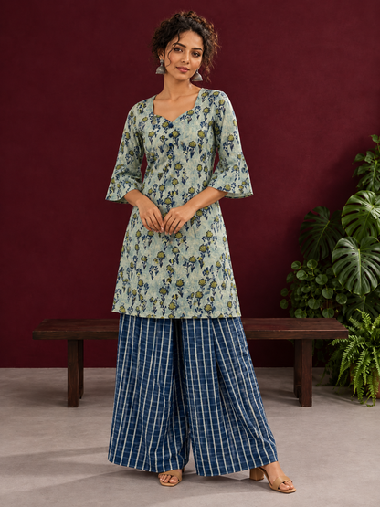 Indigo Cotton Co-Ord Set with Printed Floral Tunic & Indigo Striped Palazzo Pants — front view