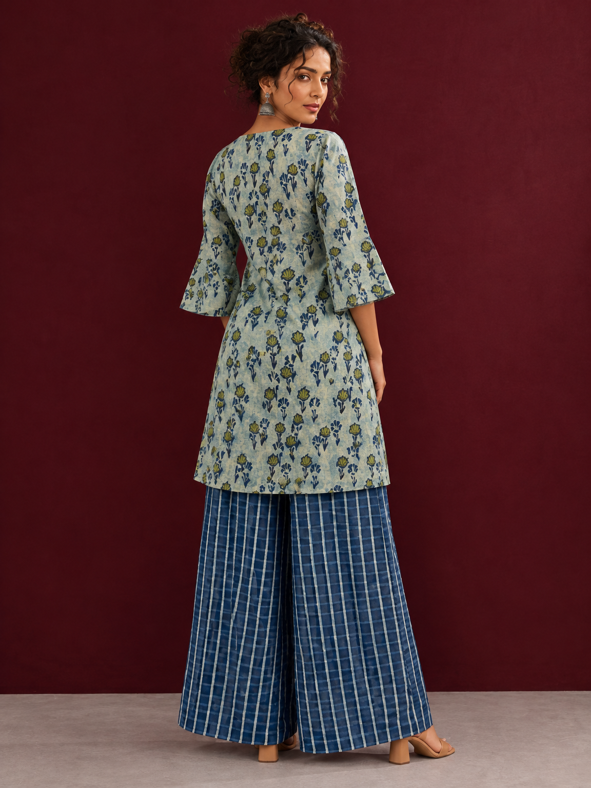 Indigo Cotton Co-Ord Set with Printed Floral Tunic & Indigo Striped Palazzo Pants — back view — view 5