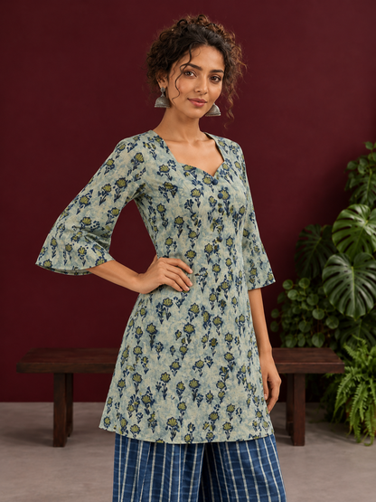 Indigo Cotton Co-Ord Set with Printed Floral Tunic & Indigo Striped Palazzo Pants — styled view