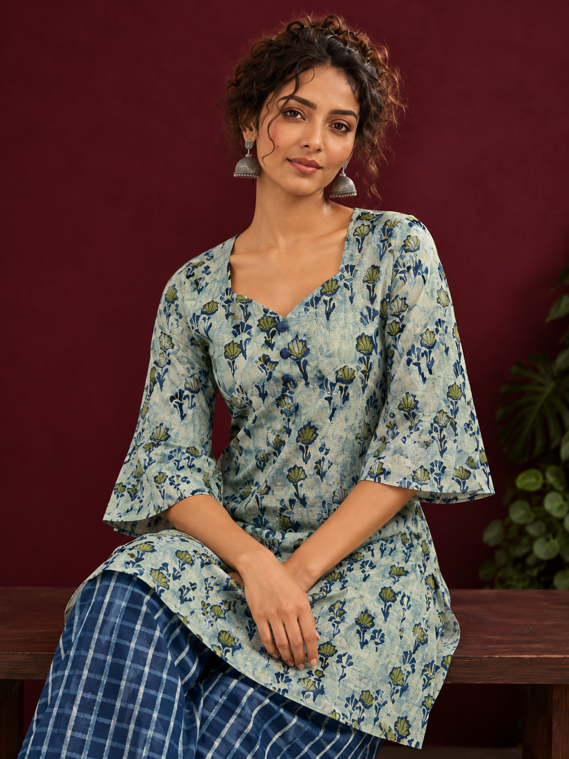 Indigo Cotton Co-Ord Set with Printed Floral Tunic & Indigo Striped Palazzo Pants — seated detail — view 4
