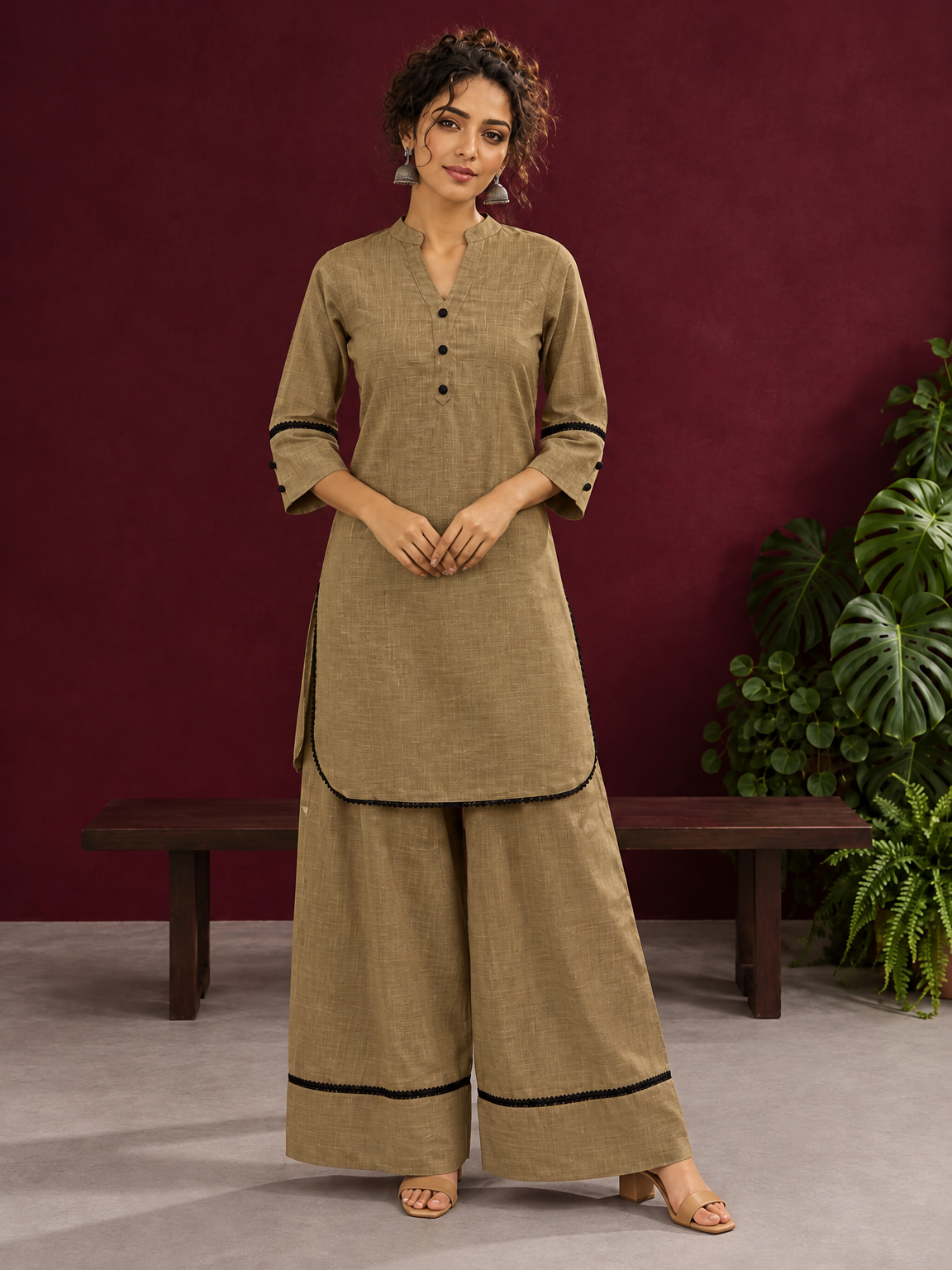 Classic Beige Cotton Co-Ord Set with Mandarin Collar Kurta and Lace Trim Straight Pants — front view — view 2