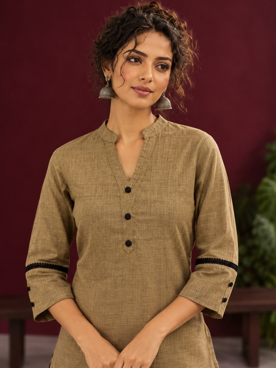 Classic Beige Cotton Co-Ord Set with Mandarin Collar Kurta and Lace Trim Straight Pants — fabric detail — view 6