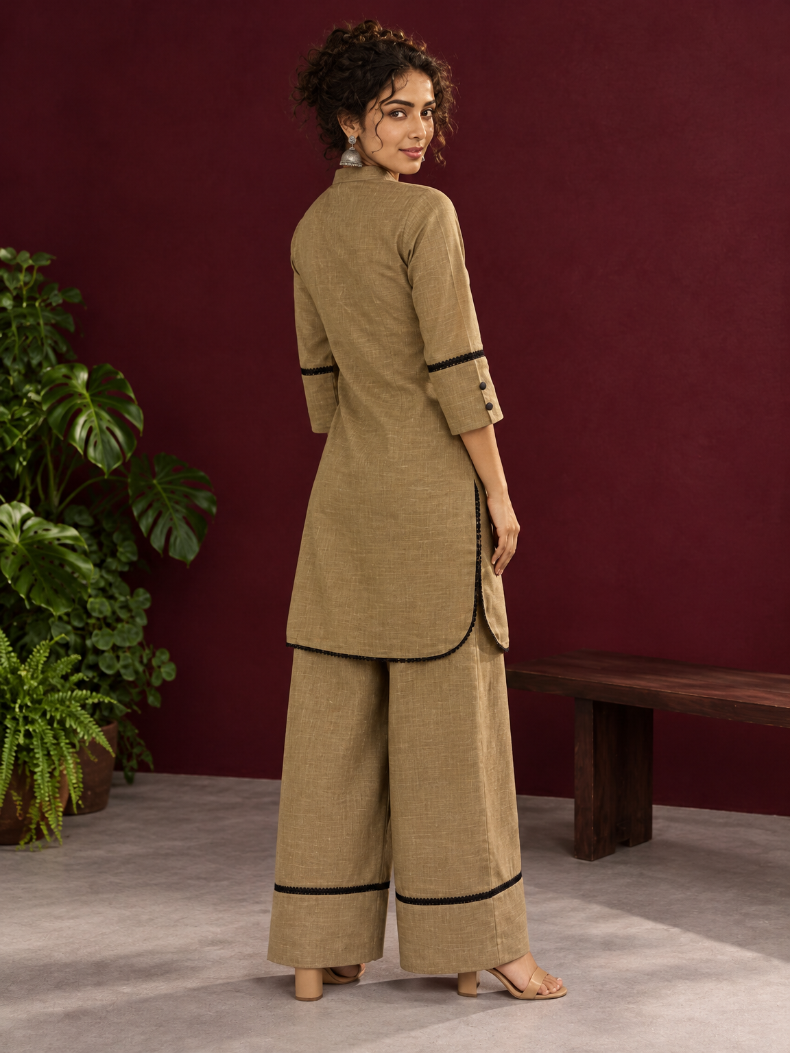 Classic Beige Cotton Co-Ord Set with Mandarin Collar Kurta and Lace Trim Straight Pants — back view — view 7