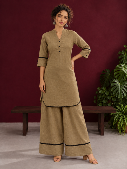 Classic Beige Cotton Co-Ord Set with Mandarin Collar Kurta and Lace Trim Straight Pants — side view