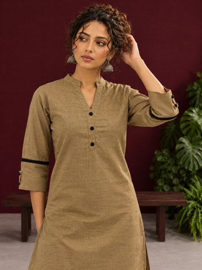 Classic Beige Cotton Co-Ord Set with Mandarin Collar Kurta and Lace Trim Straight Pants — styled view