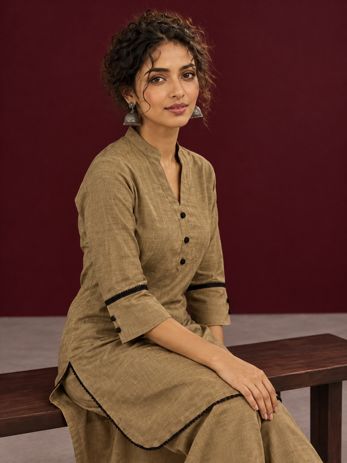 Classic Beige Cotton Co-Ord Set with Mandarin Collar Kurta and Lace Trim Straight Pants — seated detail — view 5
