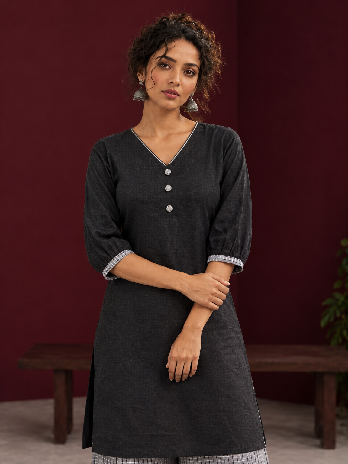 Classic Black Cotton Tunic Co-ord Set with Checkered Cuffs and Button Detail V-Neck paired with Coordinated C — fabric detail — view 5