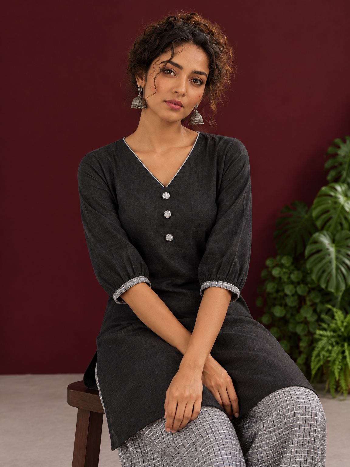 Classic Black Cotton Tunic Co-ord Set with Checkered Cuffs and Button Detail V-Neck paired with Coordinated C — seated detail — view 6