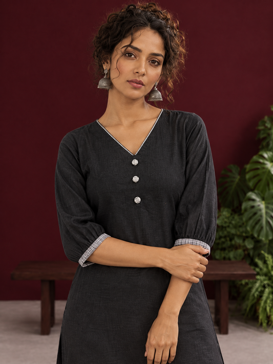 Classic Black Cotton Tunic Co-ord Set with Checkered Cuffs and Button Detail V-Neck paired with Coordinated Che — styled view
