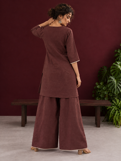 Brown Cotton Co-Ord Set with Contrast Cream Kantha Neckline & Cowrie Shell Tassels with Straight Fit Pant — back view