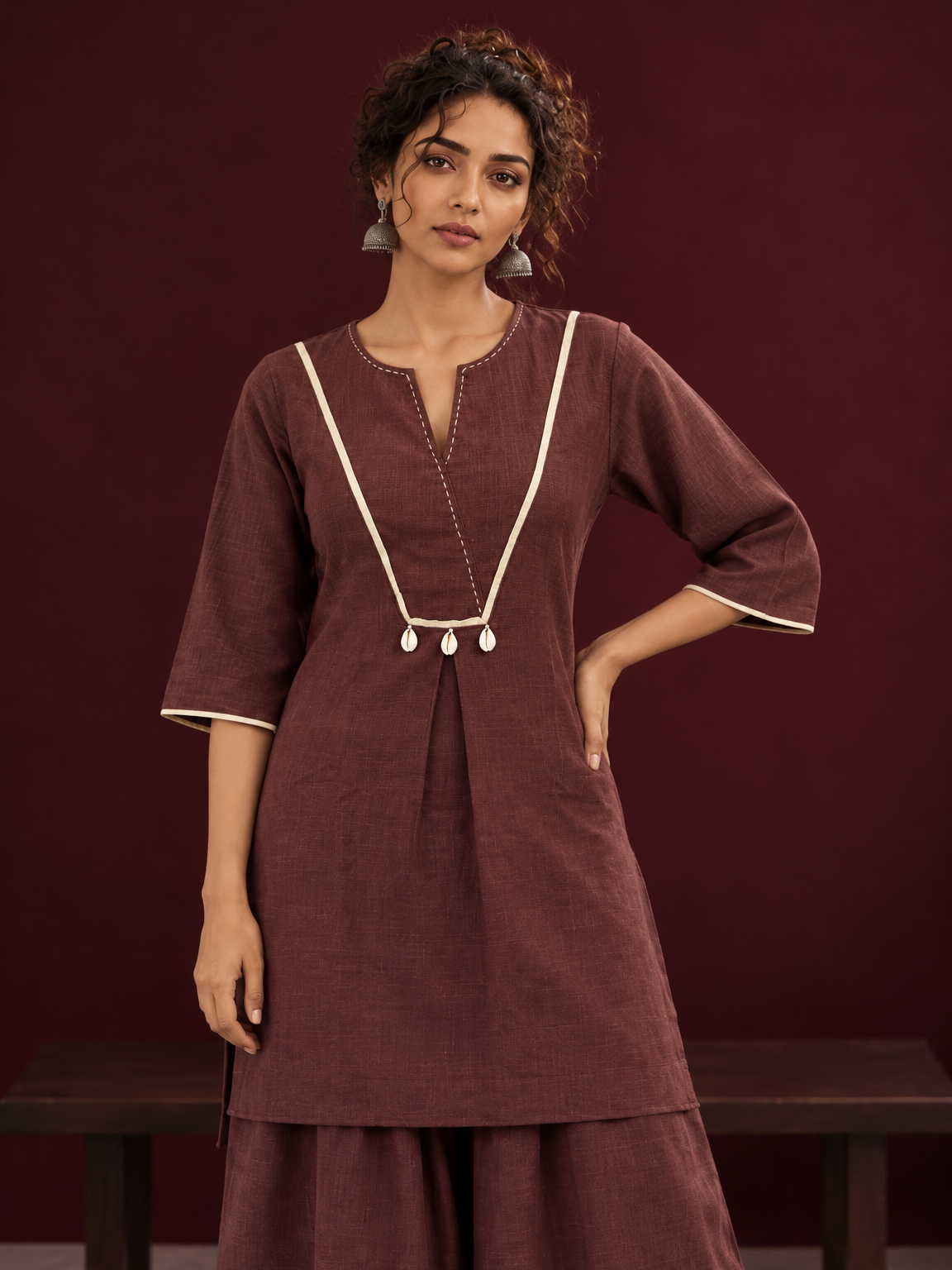 Brown Cotton Co-Ord Set with Contrast Cream Kantha Neckline & Cowrie Shell Tassels with Straight Fit Pant — fabric detail — view 3
