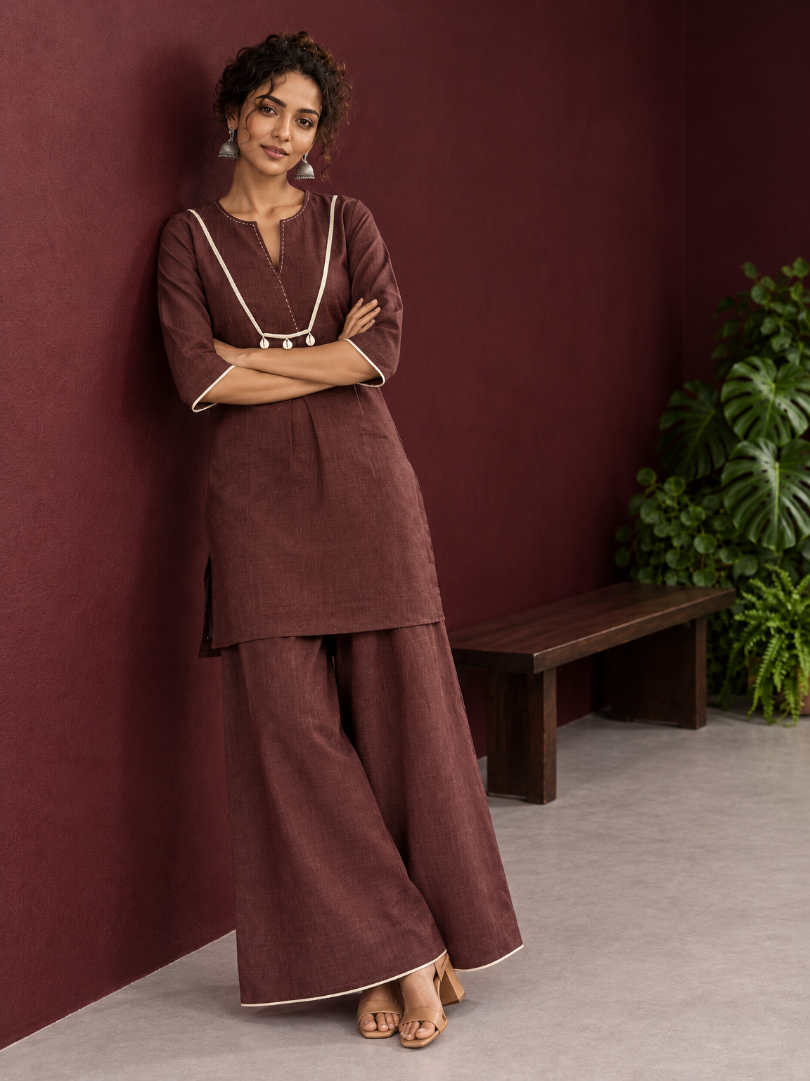 Brown Cotton Co-Ord Set with Contrast Cream Kantha Neckline & Cowrie Shell Tassels with Straight Fit Pant — side view — view 2
