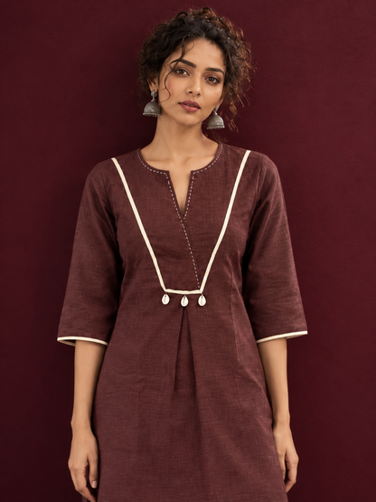 Brown Cotton Co-Ord Set with Contrast Cream Kantha Neckline & Cowrie Shell Tassels with Straight Fit Pant — styled view