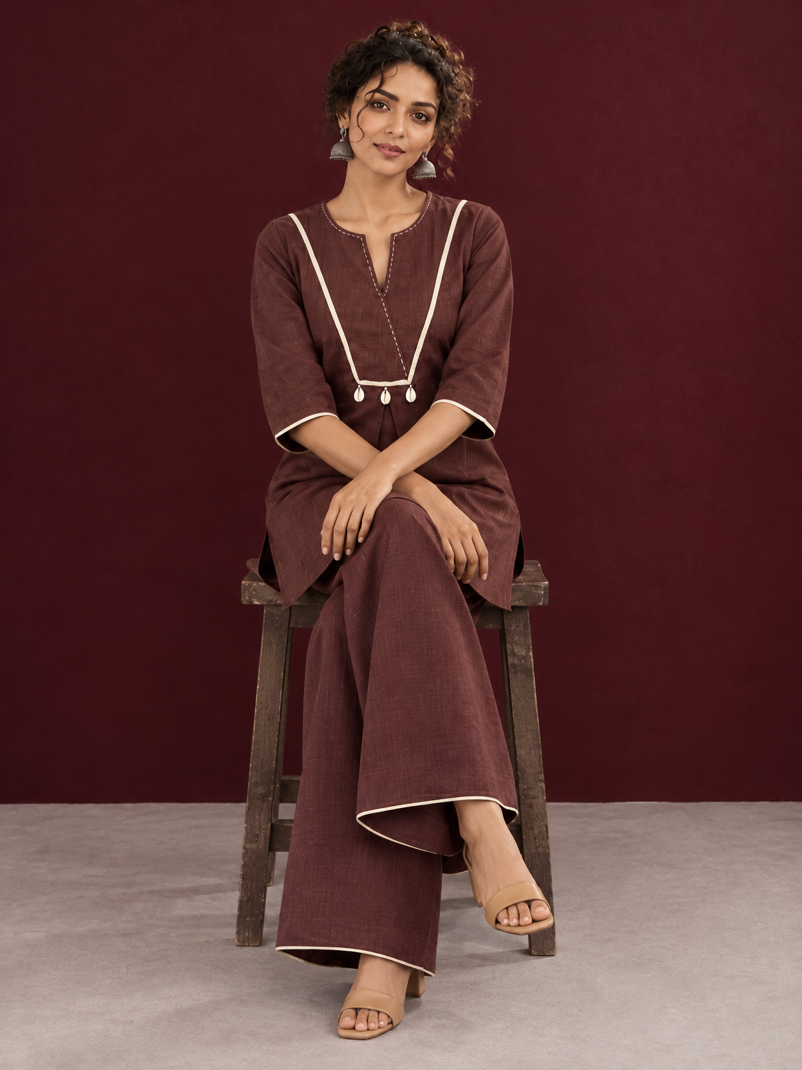 Brown Cotton Co-Ord Set with Contrast Cream Kantha Neckline & Cowrie Shell Tassels with Straight Fit Pant
