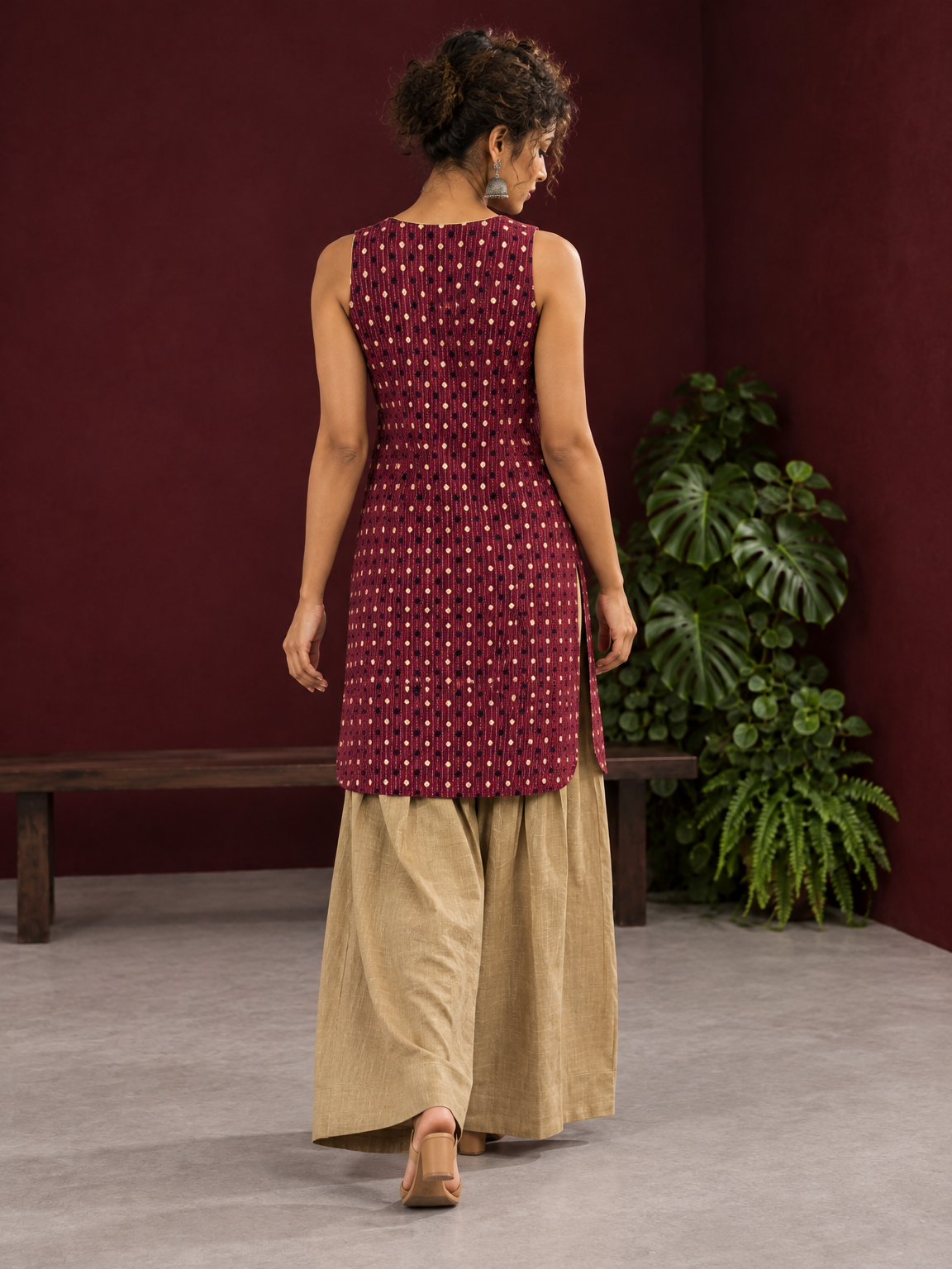 Maroon Printed Cotton Sleeveless Co-Ord Set with Polka Dot Motifs and Pleated Beige Farshi Salwar — back view — view 8