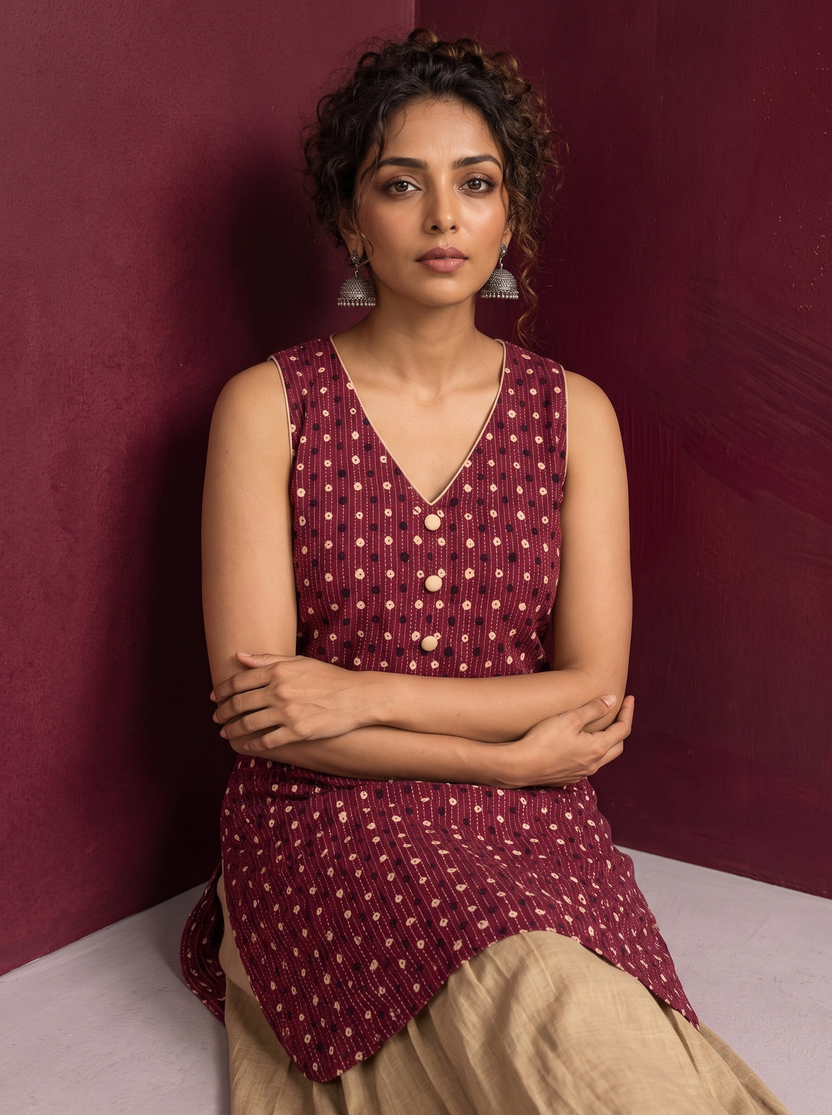 Maroon Printed Cotton Sleeveless Co-Ord Set with Polka Dot Motifs and Pleated Beige Farshi Salwar — seated detail — view 5