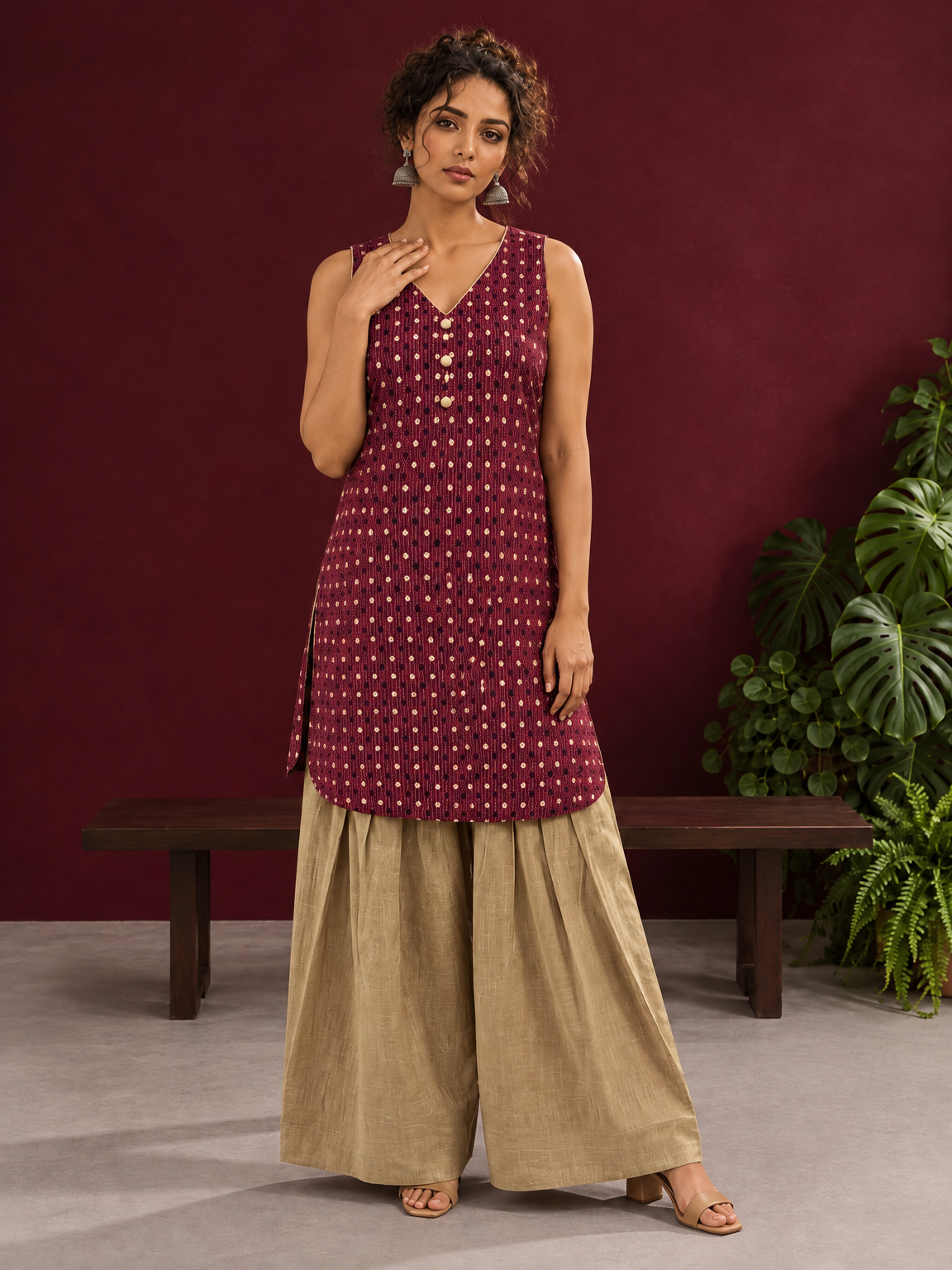 Maroon Printed Cotton Sleeveless Co-Ord Set with Polka Dot Motifs and Pleated Beige Farshi Salwar
