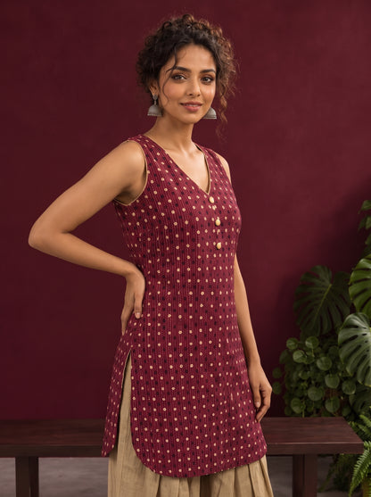 Maroon Printed Cotton Sleeveless Co-Ord Set with Polka Dot Motifs and Pleated Beige Farshi Salwar — styled view