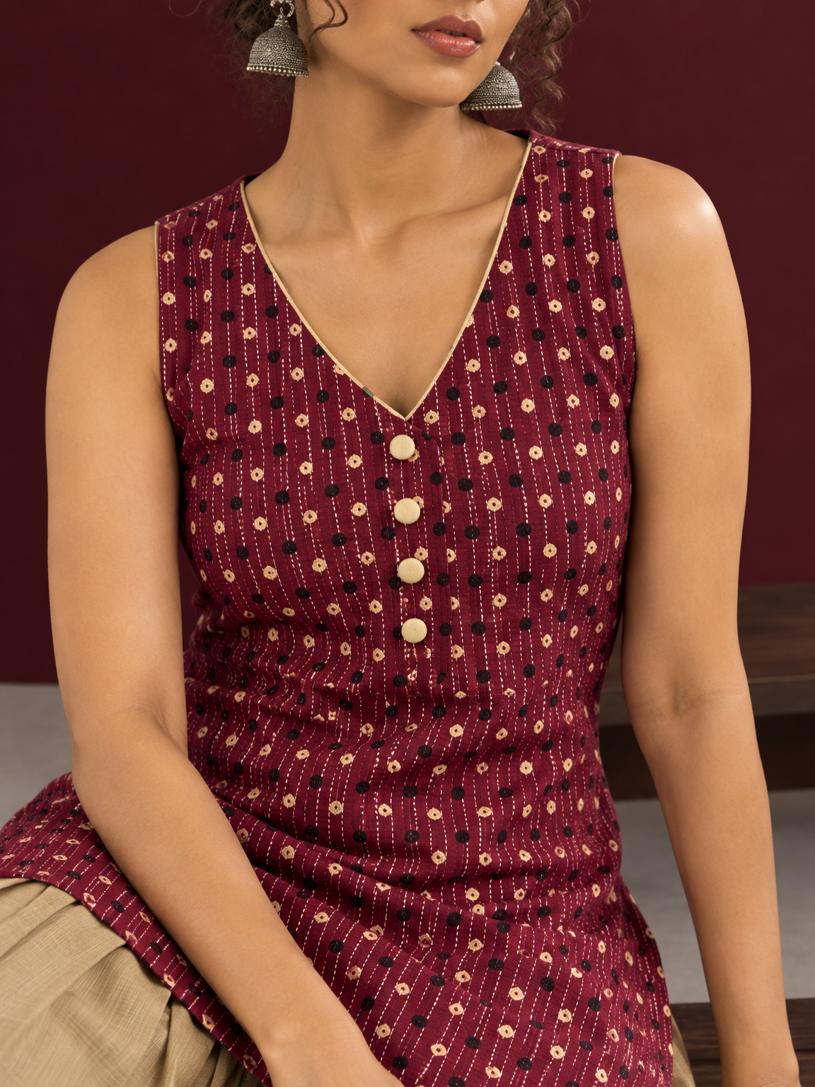 Maroon Printed Cotton Sleeveless Co-Ord Set with Polka Dot Motifs and Pleated Beige Farshi Salwar — fabric close-up — view 6