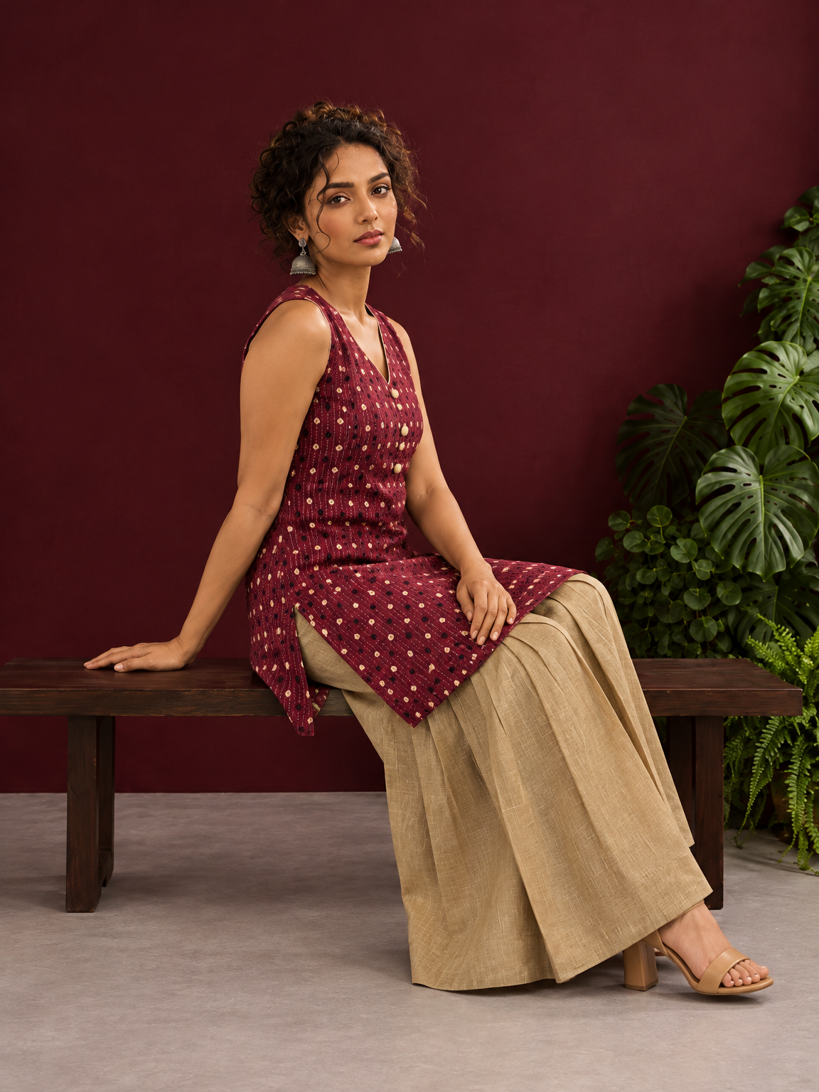 Maroon Printed Cotton Sleeveless Co-Ord Set with Polka Dot Motifs and Pleated Beige Farshi Salwar — seated — view 3